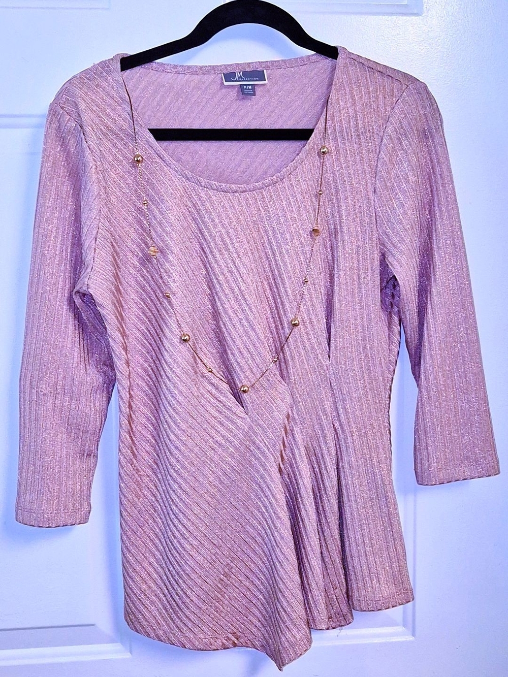 JM Collection Metallic Blush Ribbed Scoop-Neck Top